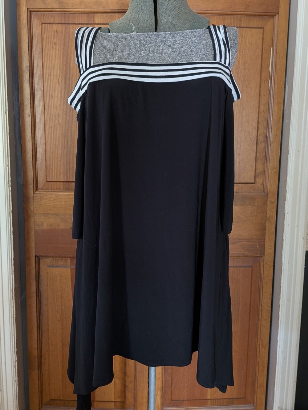 Black Cold-Shoulder Top with White Striped Trim